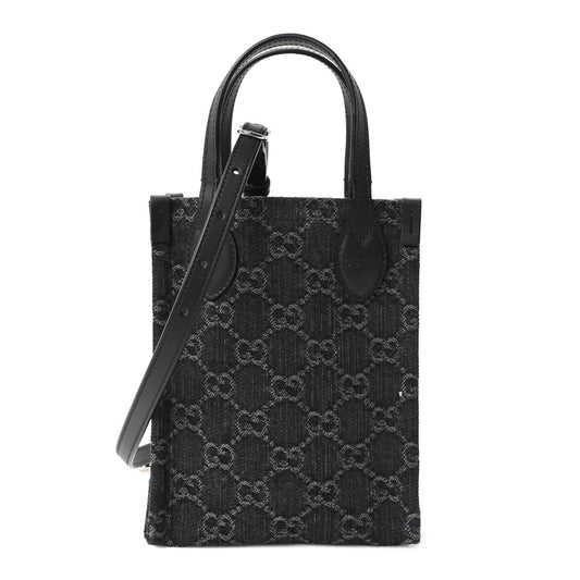 Denim Cuoio Harness GG Monogram Mini Ophidia Tote Bag Black Medium Grey
