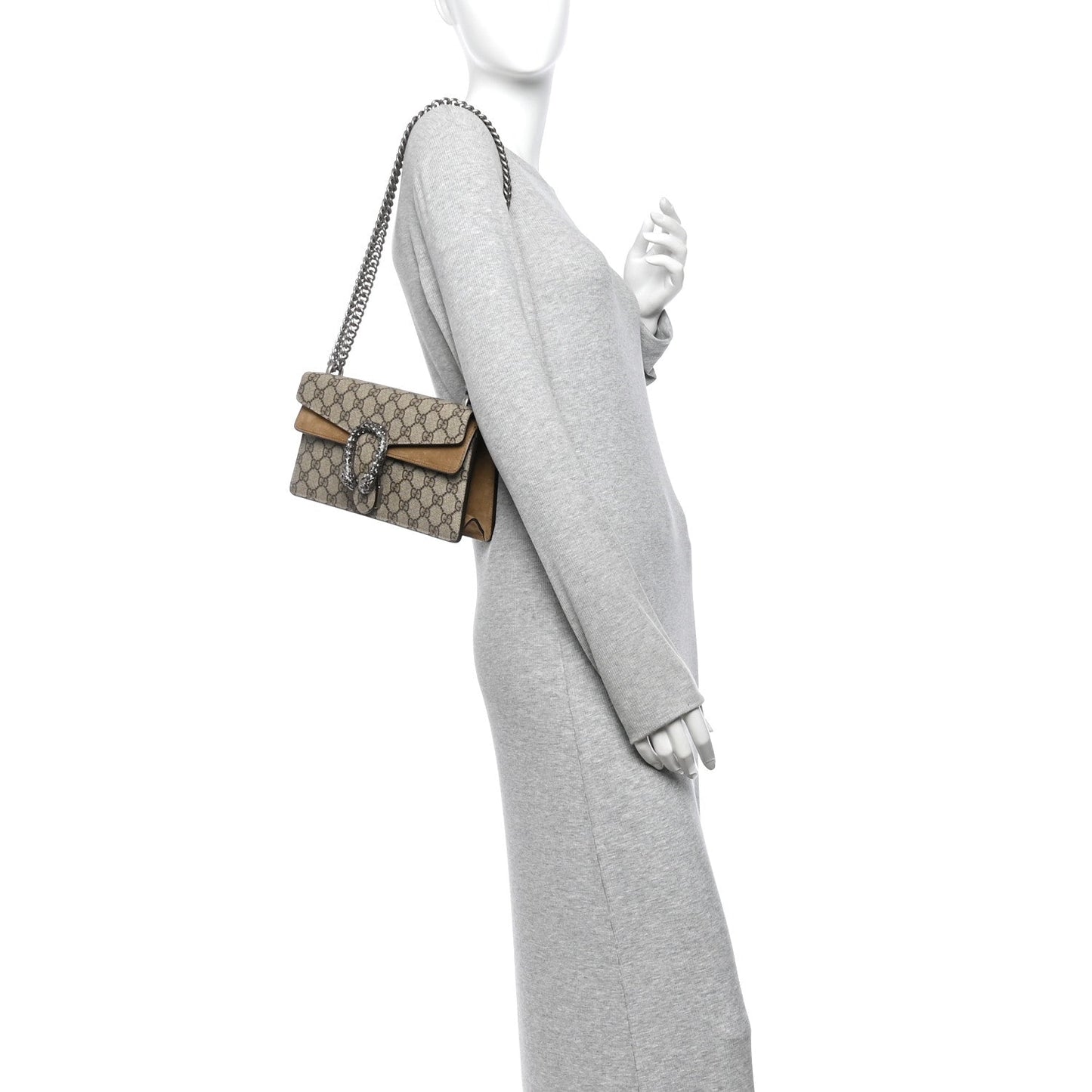 GG Supreme Monogram Suede Crystal Small Dionysus Shoulder Bag Beige Ebony Taupe