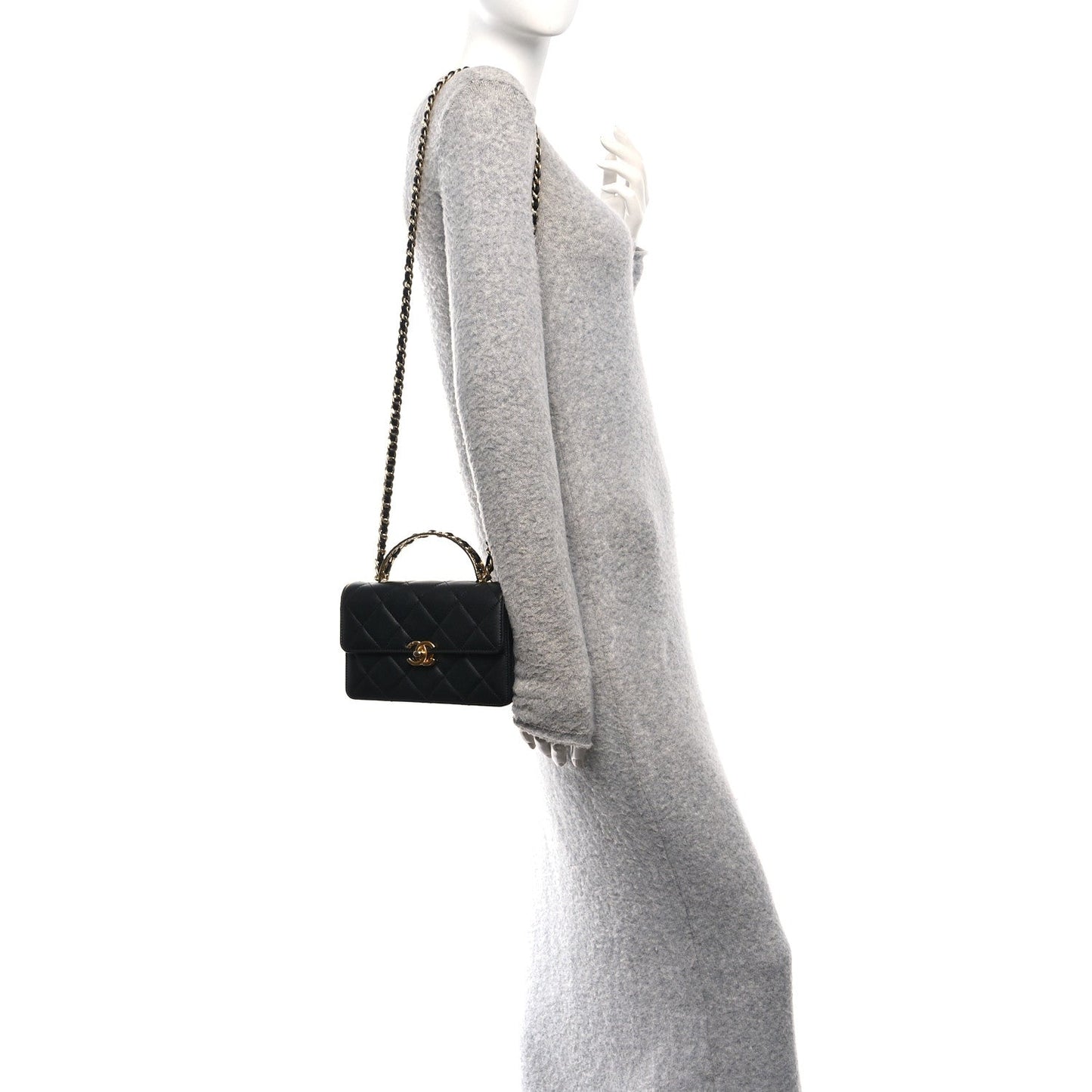 Shiny Calfskin Quilted Mini Metal Top Handle Flap Black