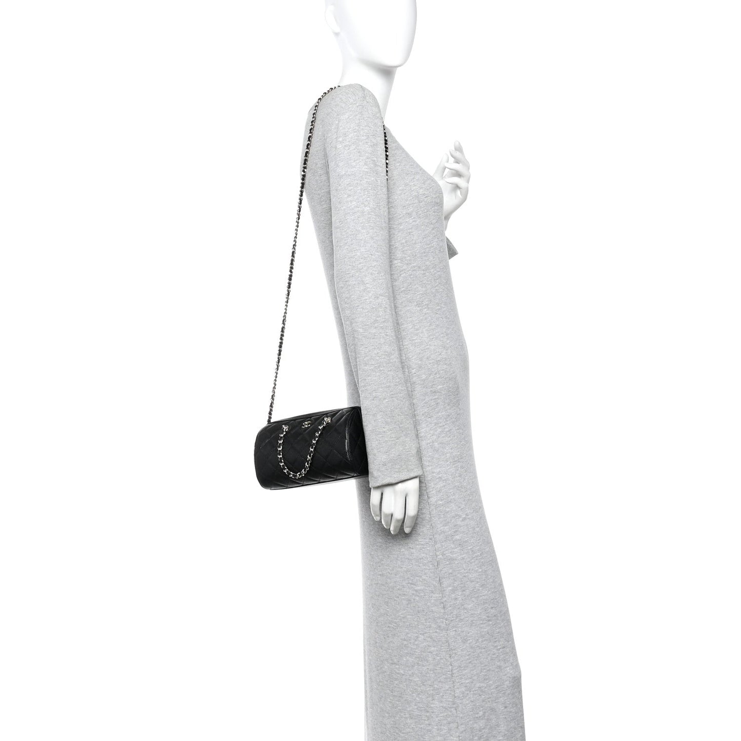 Caviar Quilted Barrel Clutch With Chain Black