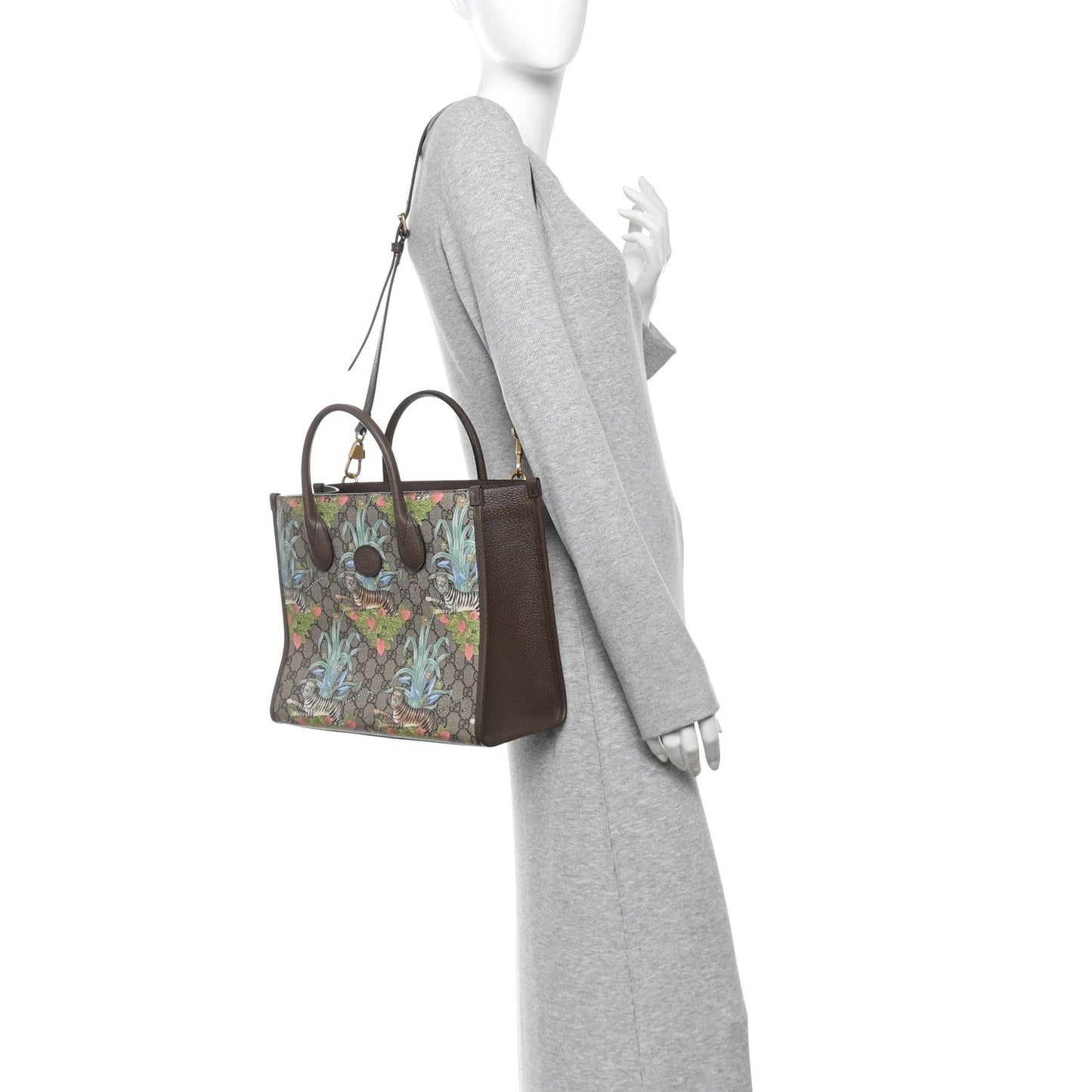 GG Supreme Monogram Tiger Savanah Textured Dollar Calfskin Small Retro Interlocking G Tote Bag Beige Ebony Multicolor New Acero