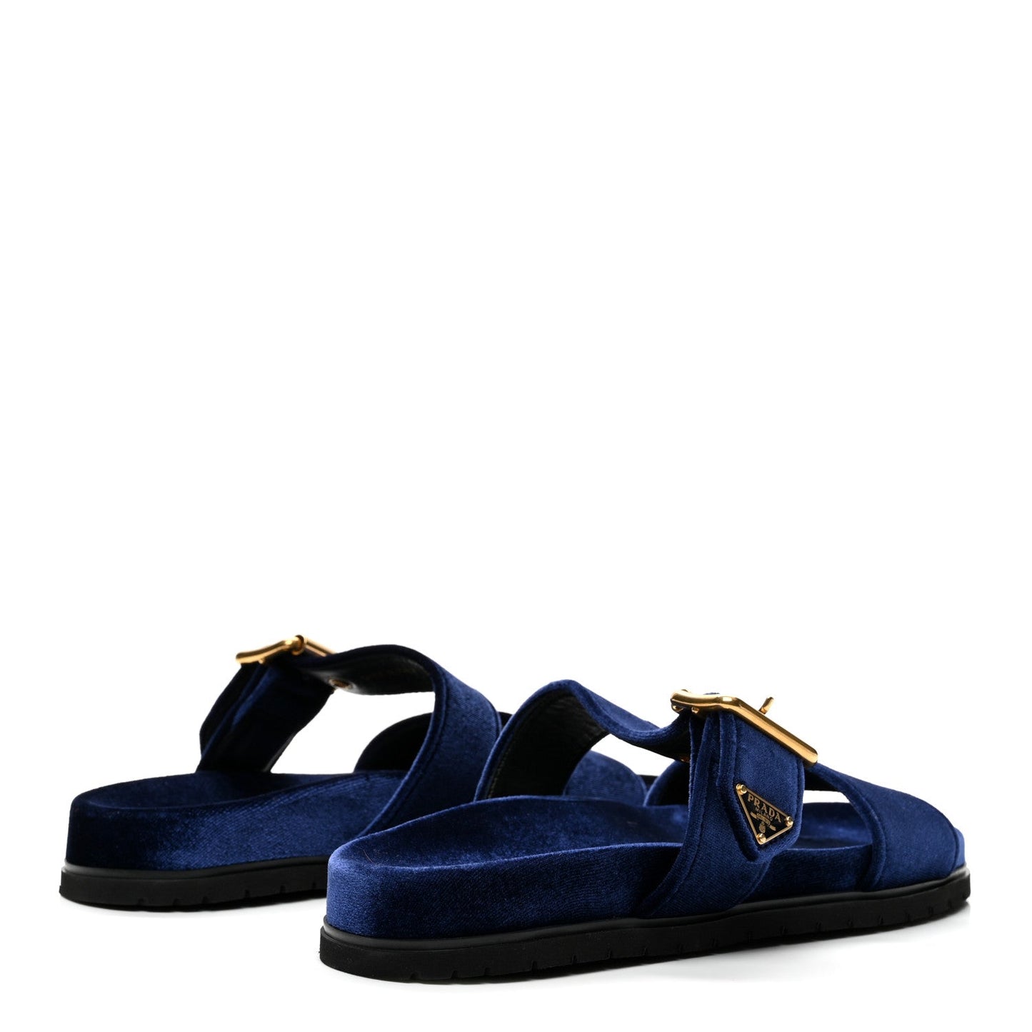 Velvet Metal Triangle Logo Womens Double Buckle 20mm Slide Sandals 39 Bleu