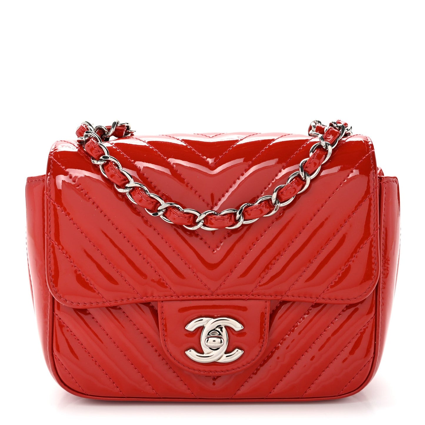 Patent Chevron Quilted Mini Square Flap Red