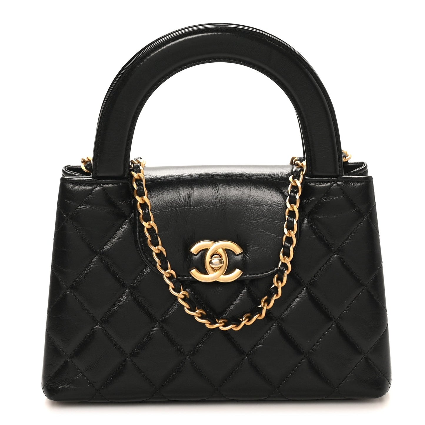 Shiny Aged Calfskin Quilted Nano Kelly Shopper Black