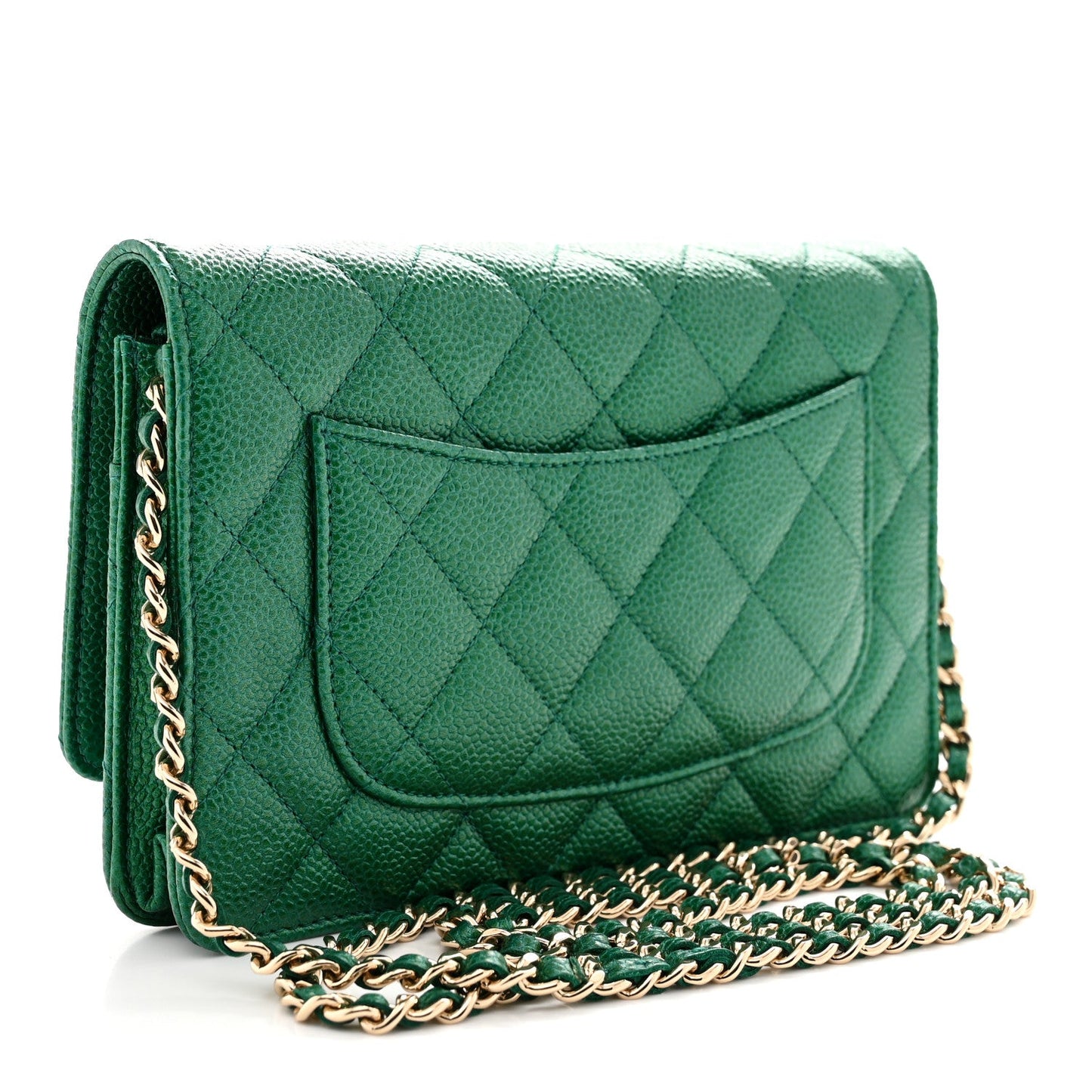 Metallic Caviar Quilted Wallet On Chain WOC Green