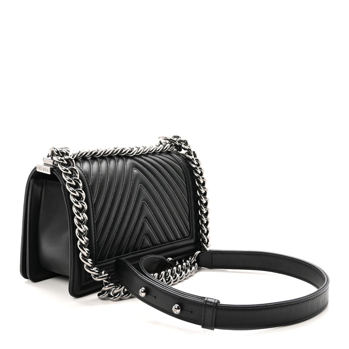 Calfskin Chain Chevron Small Boy Flap Black