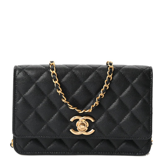 Caviar Quilted Camellia Wallet On Chain WOC Black