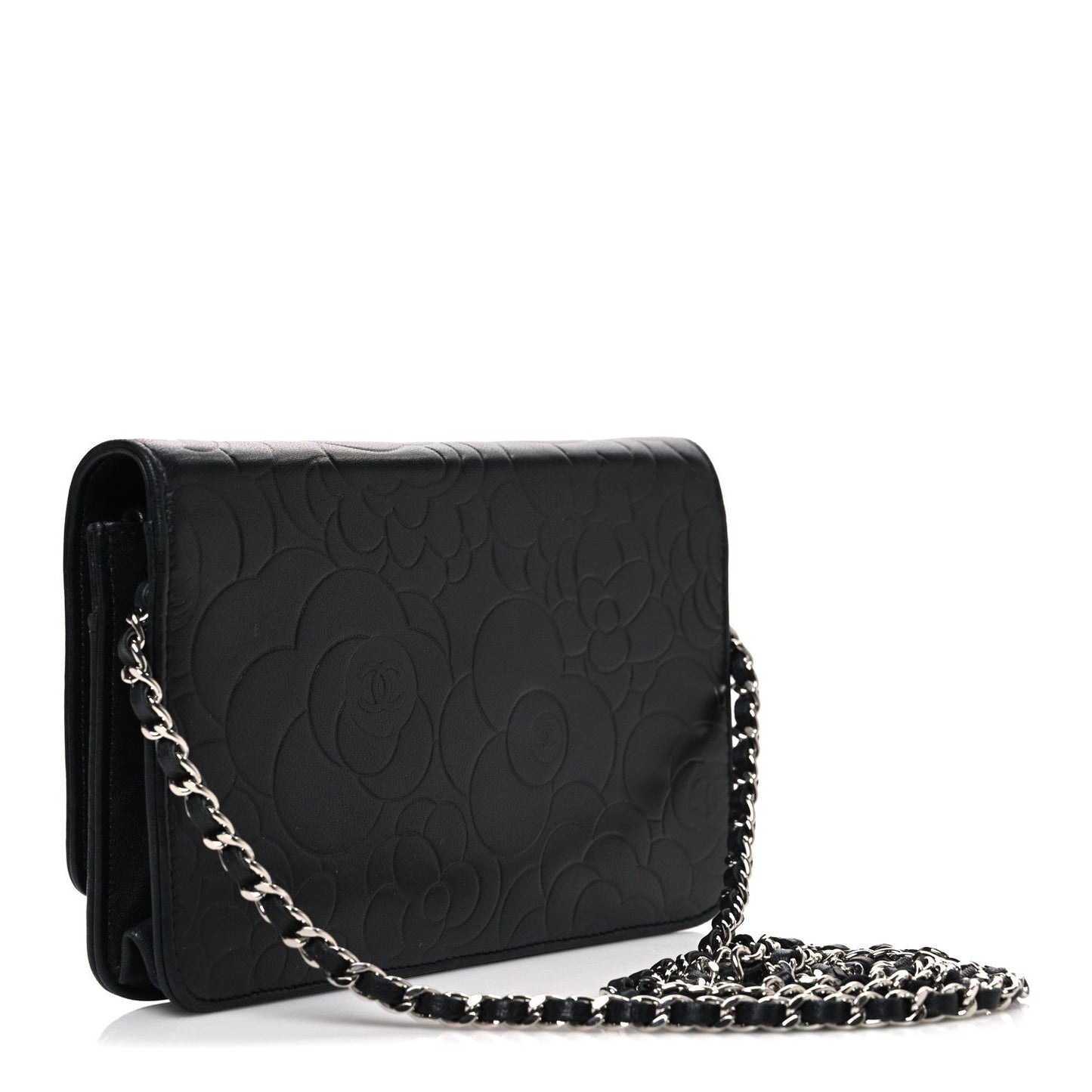 Lambskin Camellia Embossed Wallet on Chain WOC Black