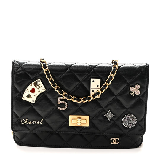 Aged Calfskin Lucky Charms Casino 2.55 Reissue Wallet on Chain WOC Black