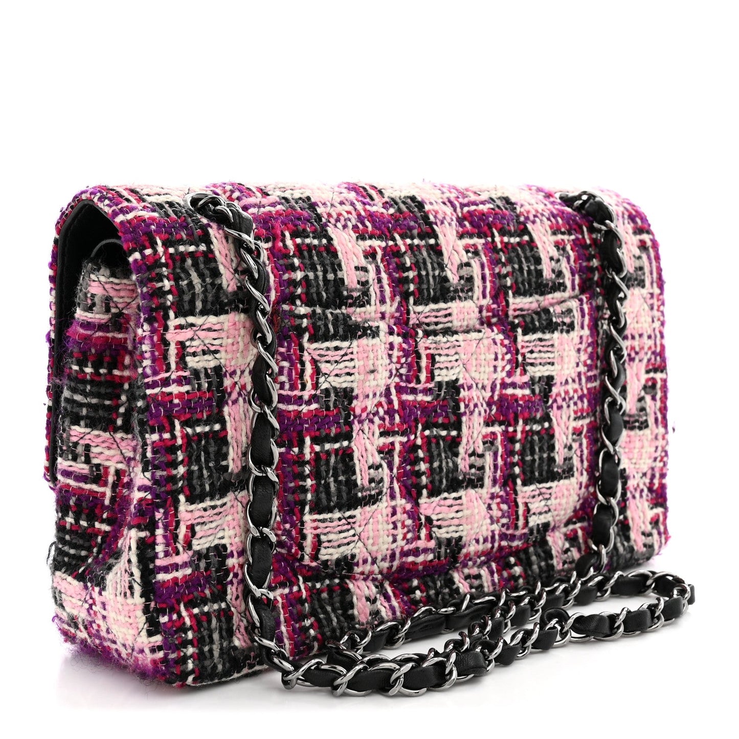 Tweed Quilted Medium Double Flap Pink Black