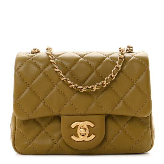 Lambskin Quilted Mini Pearl Crush Flap Green
