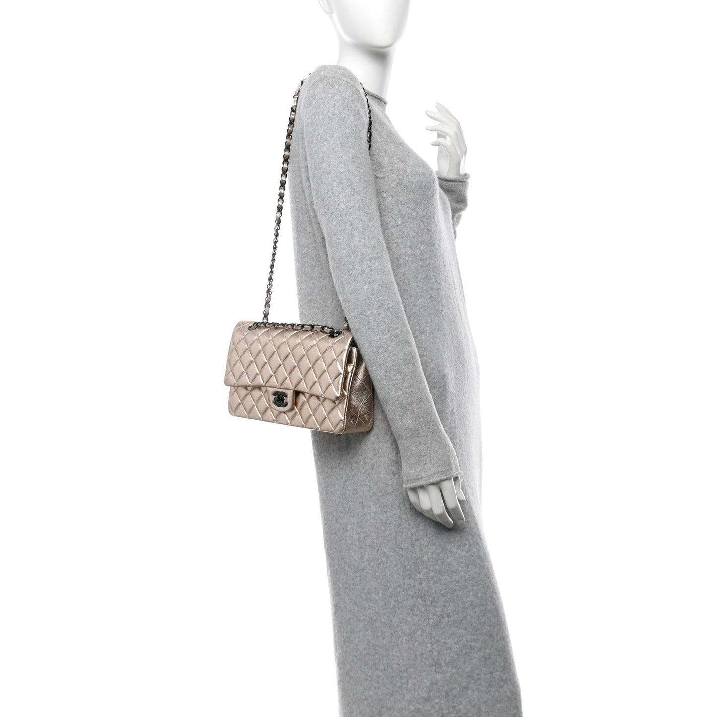 Metallic Lambskin Quilted Medium Double Flap Gold Black