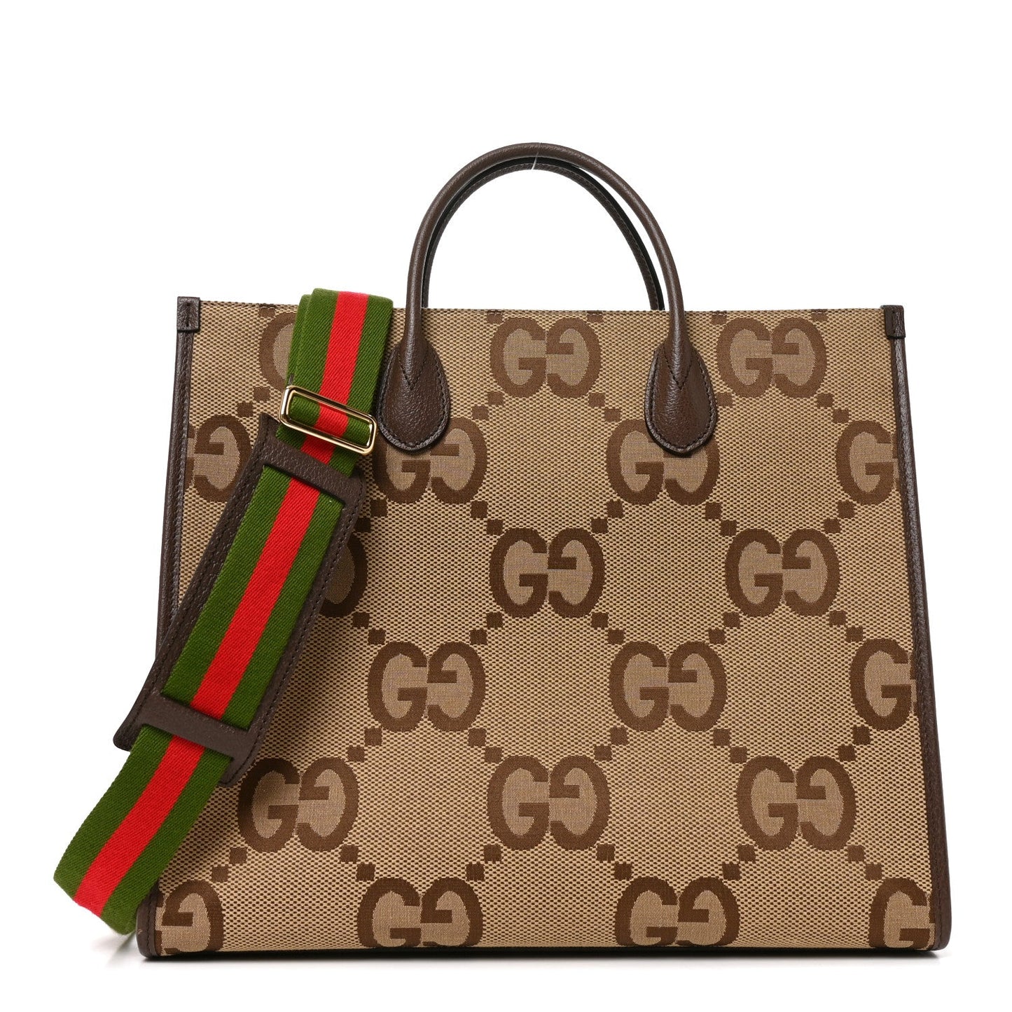 Monogram Jumbo GG Textured Dollar Calfskin Web Tote Bag Camel Ebony New Acero