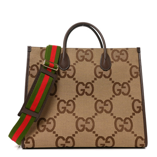 Monogram Jumbo GG Textured Dollar Calfskin Web Tote Bag Camel Ebony New Acero