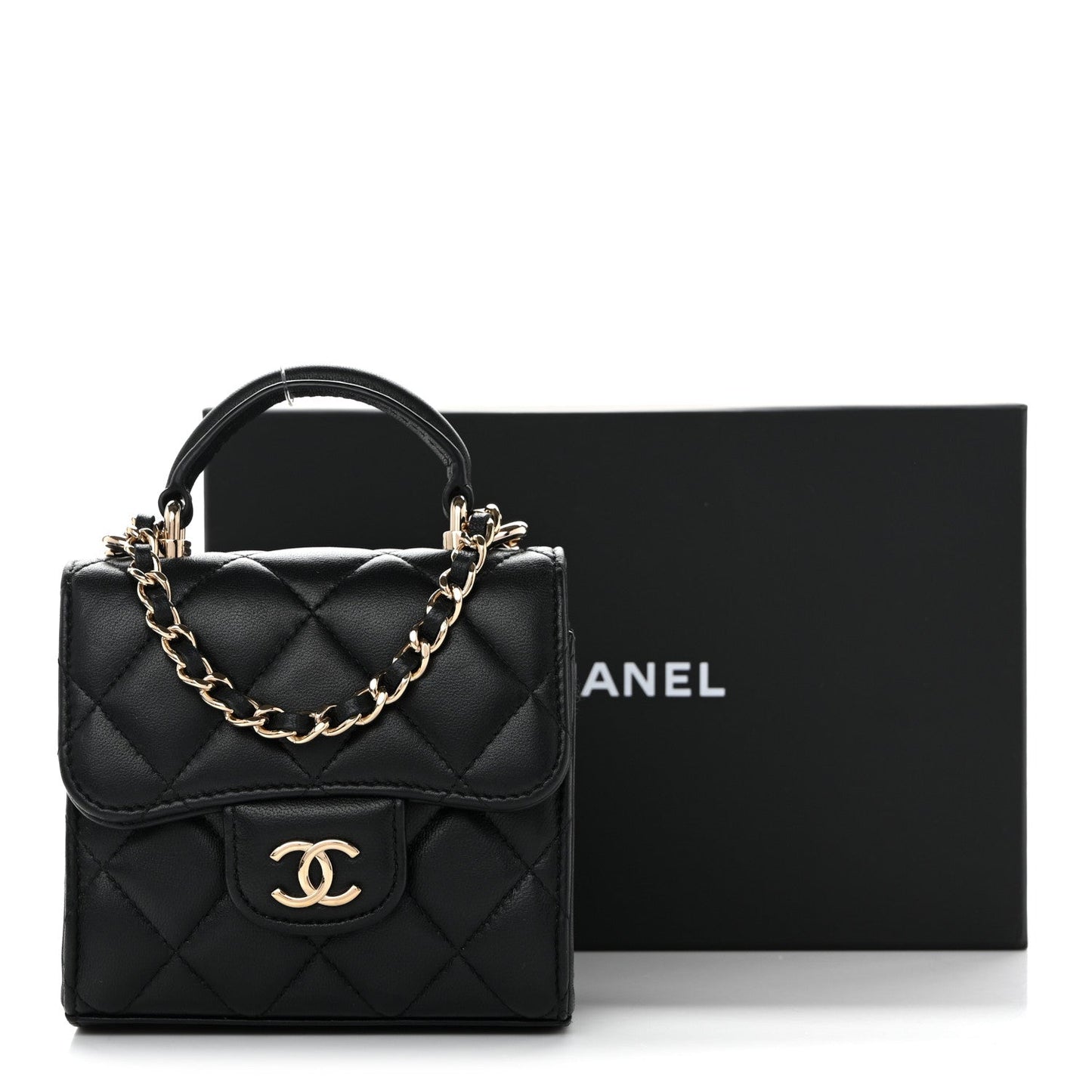 Lambskin Quilted Top Handle Flap Clutch With Chain Black