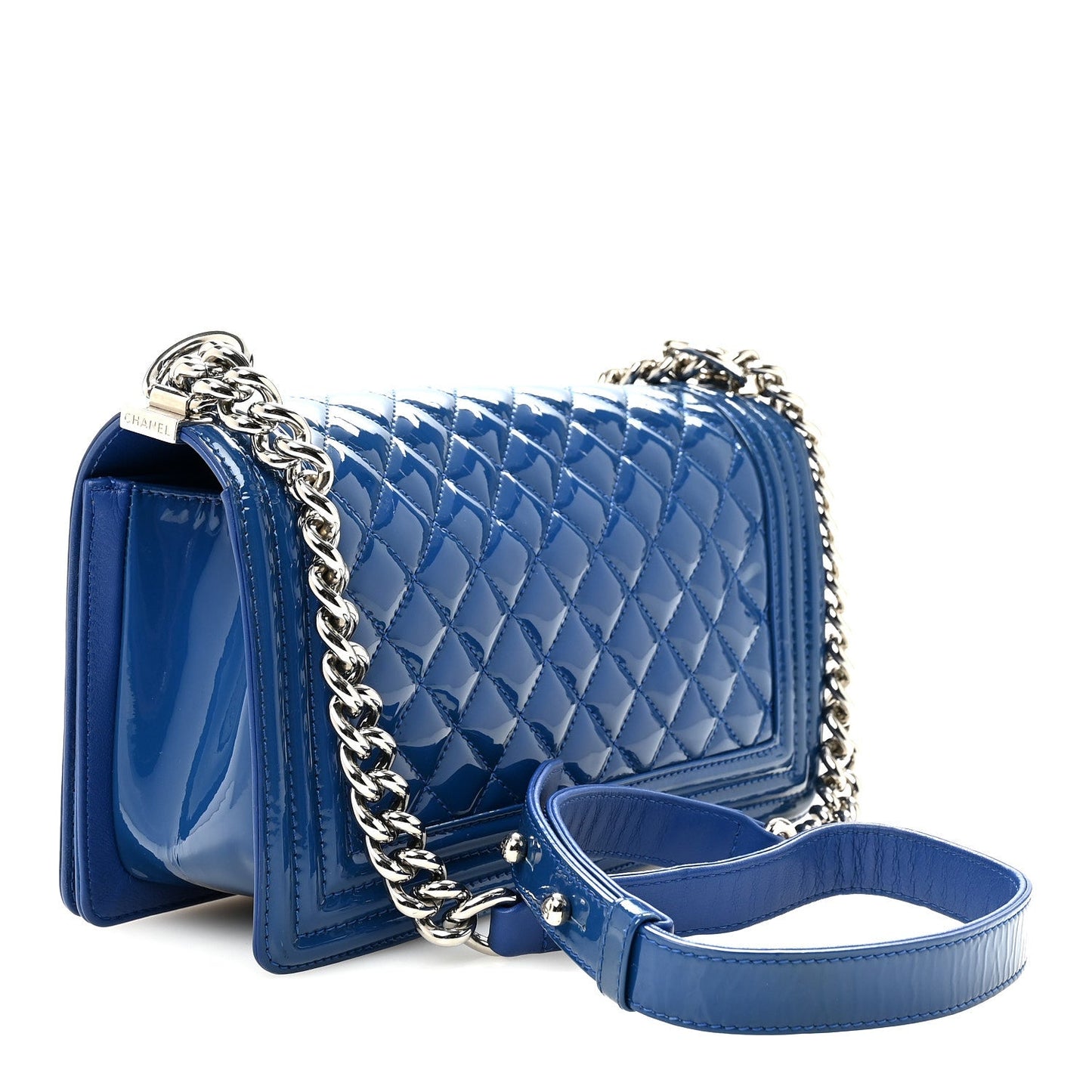 Patent Calfskin Quilted Medium Plexiglass Boy Flap Blue
