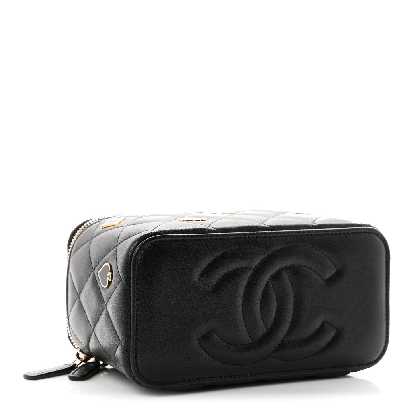 Lambskin Quilted Enamel Coco Casino Small Vanity Case With Chain Black