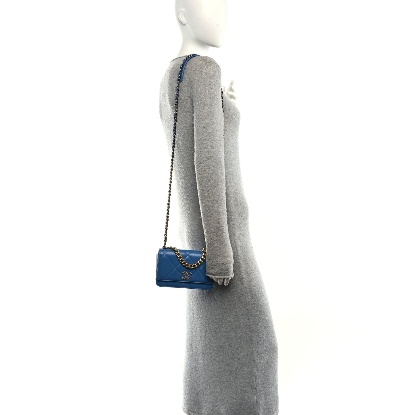 Lambskin Quilted Chanel 19 Wallet On Chain WOC Blue
