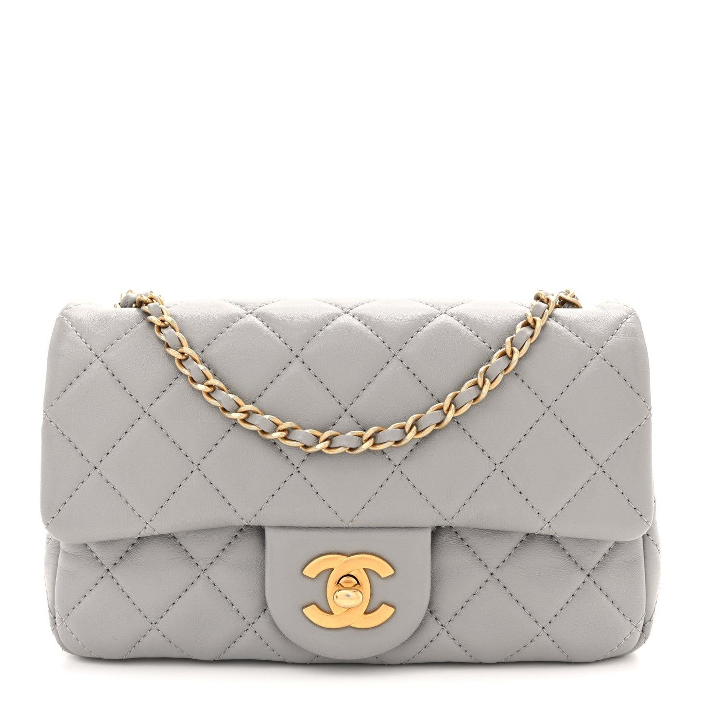 Lambskin Quilted Mini Rectangular Pearl Crush Flap Grey