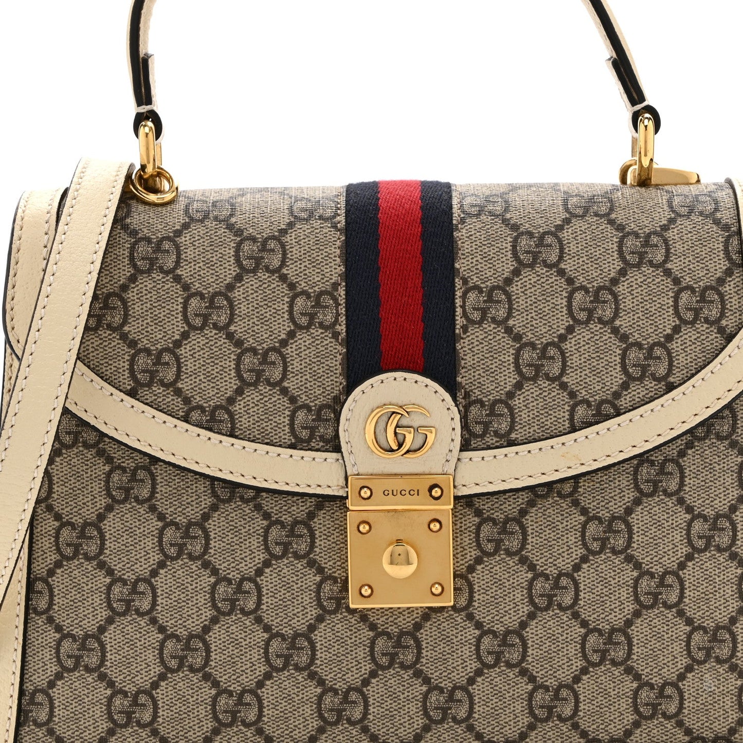 GG Supreme Monogram Textured Dollar Calfskin Web Small Ophidia Padlock Top Handle Bag Beige Ebony Mystic White