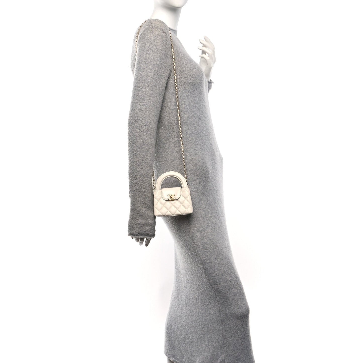 Shiny Aged Calfskin Quilted Mini Nano Kelly Shopper White