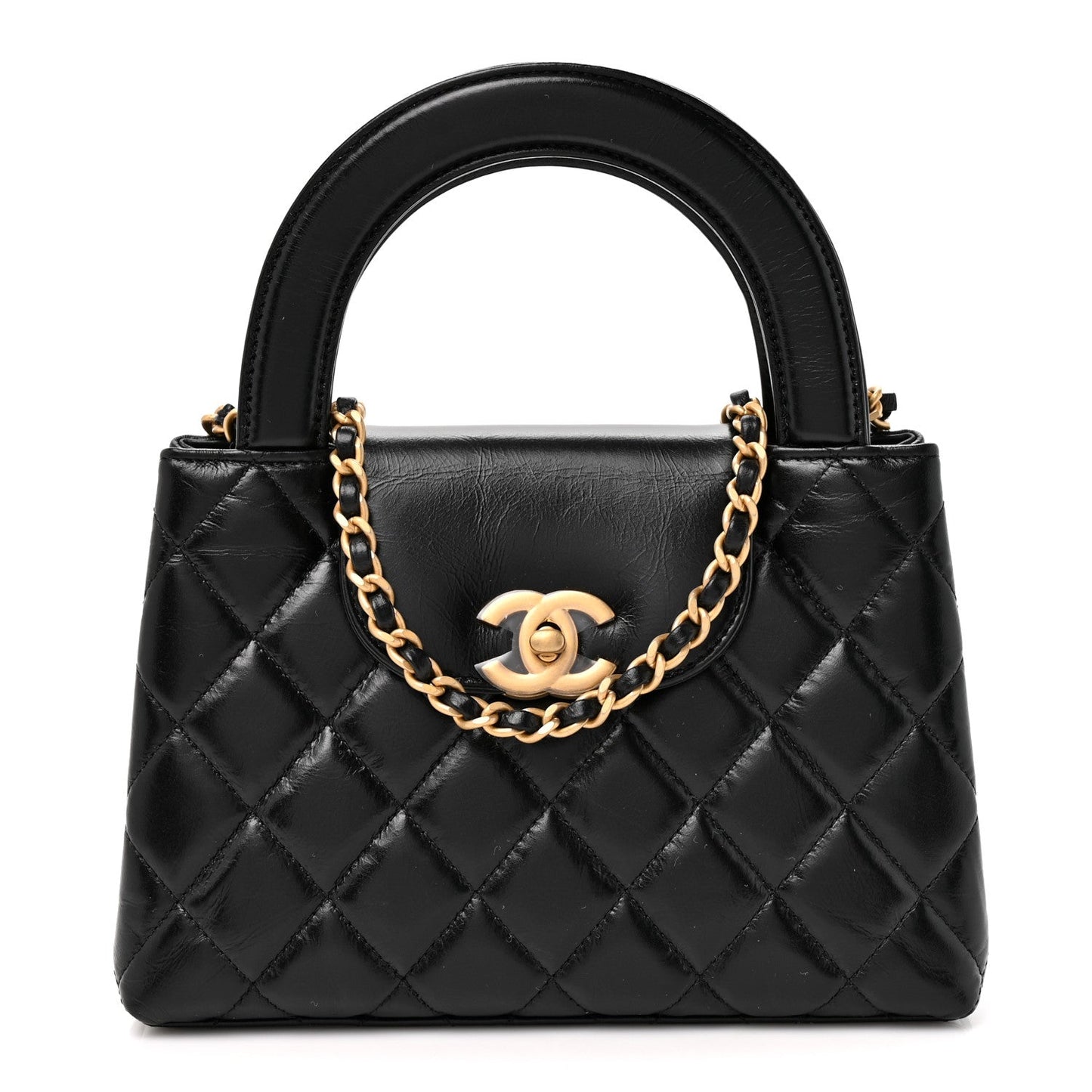 Shiny Aged Calfskin Quilted Nano Kelly Shopper Black