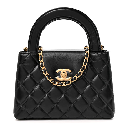 Shiny Aged Calfskin Quilted Nano Kelly Shopper Black