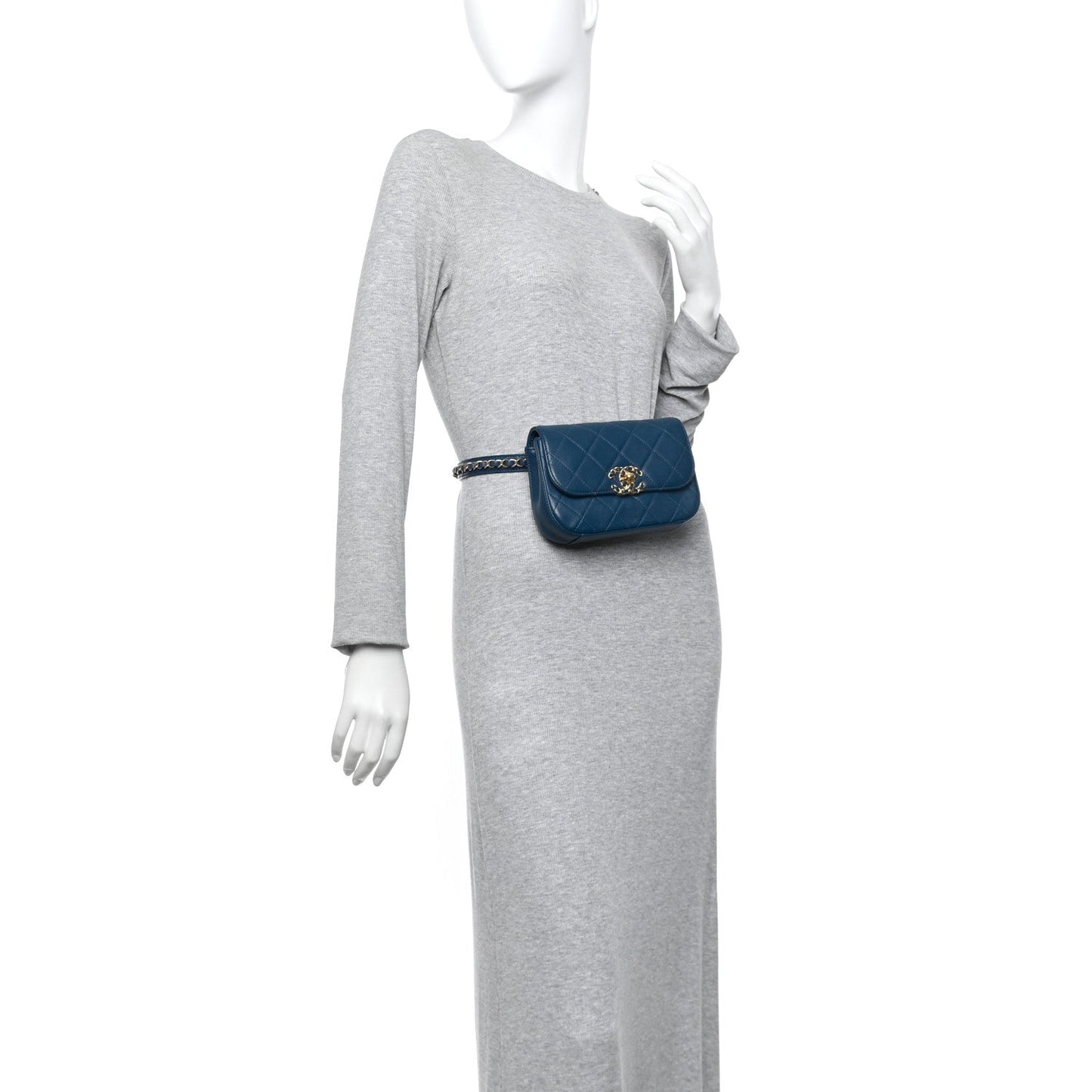 Lambskin Quilted Chain Infinity Waist Belt Bag Blue