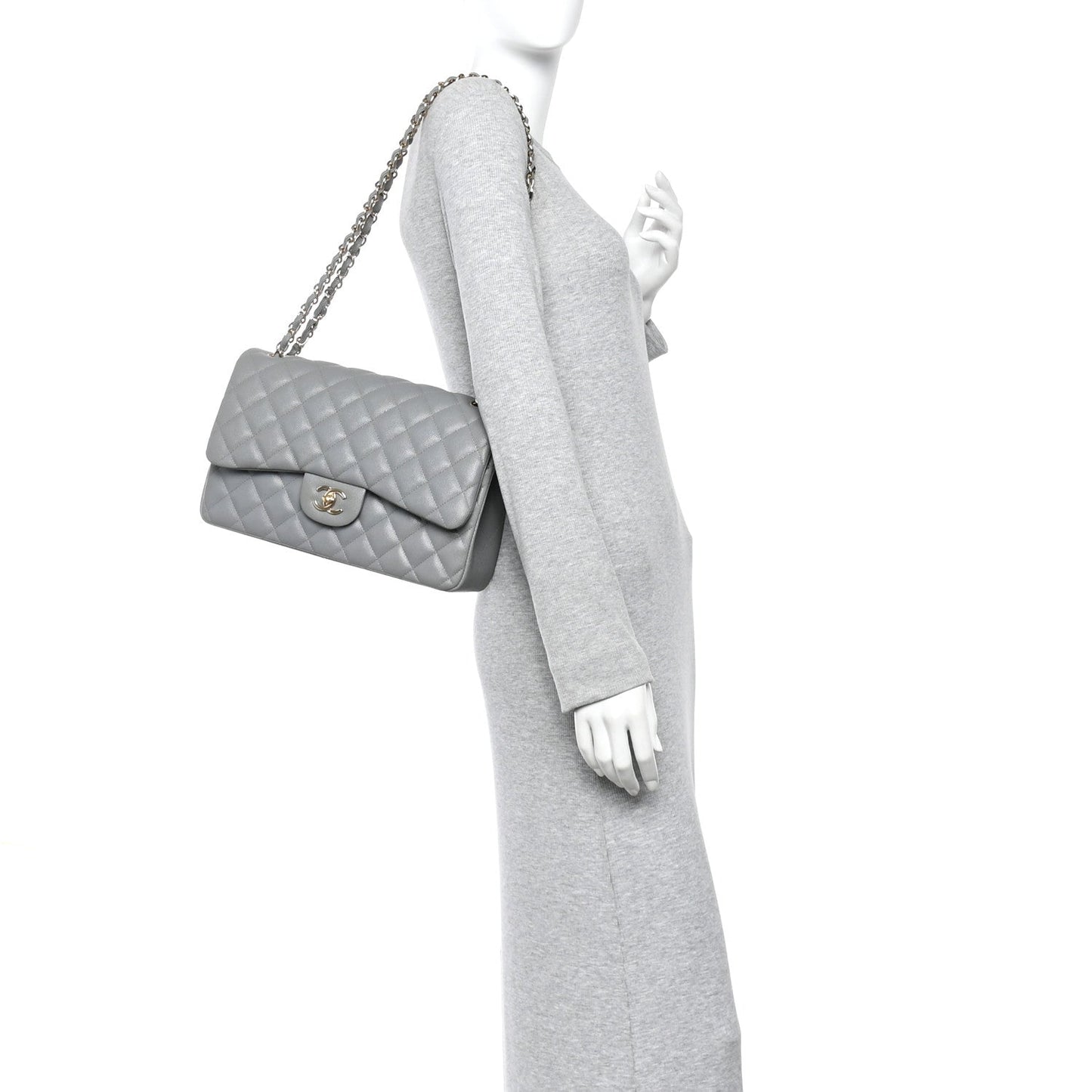 Caviar Quilted Jumbo Double Flap Grey