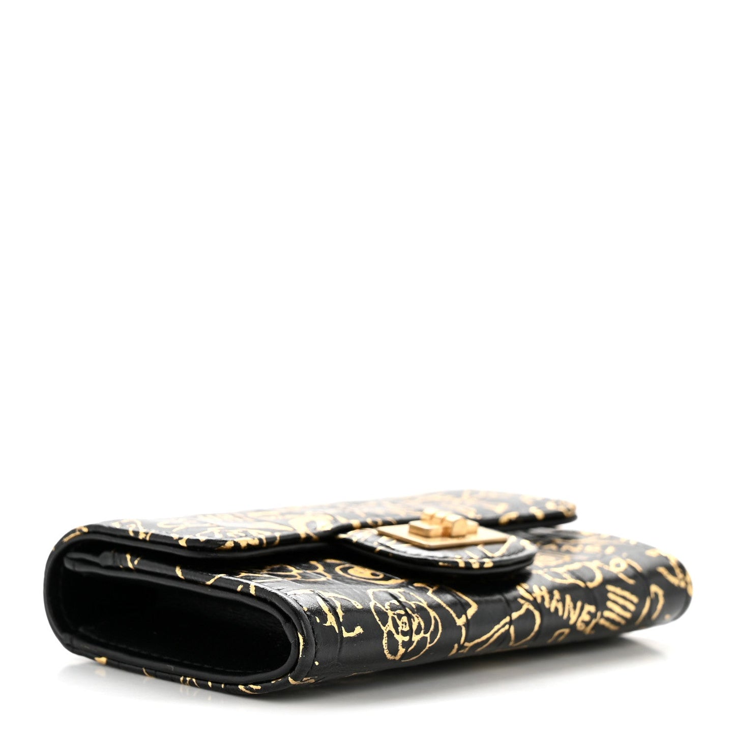 Calfskin Crocodile Embossed Graffiti 2.55 Crocodile Reissue Flap Card Holder Black Gold