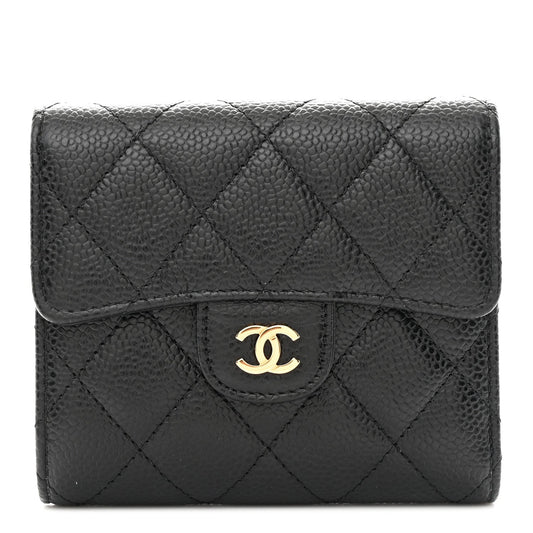 Caviar Quilted Compact Flap Wallet Black