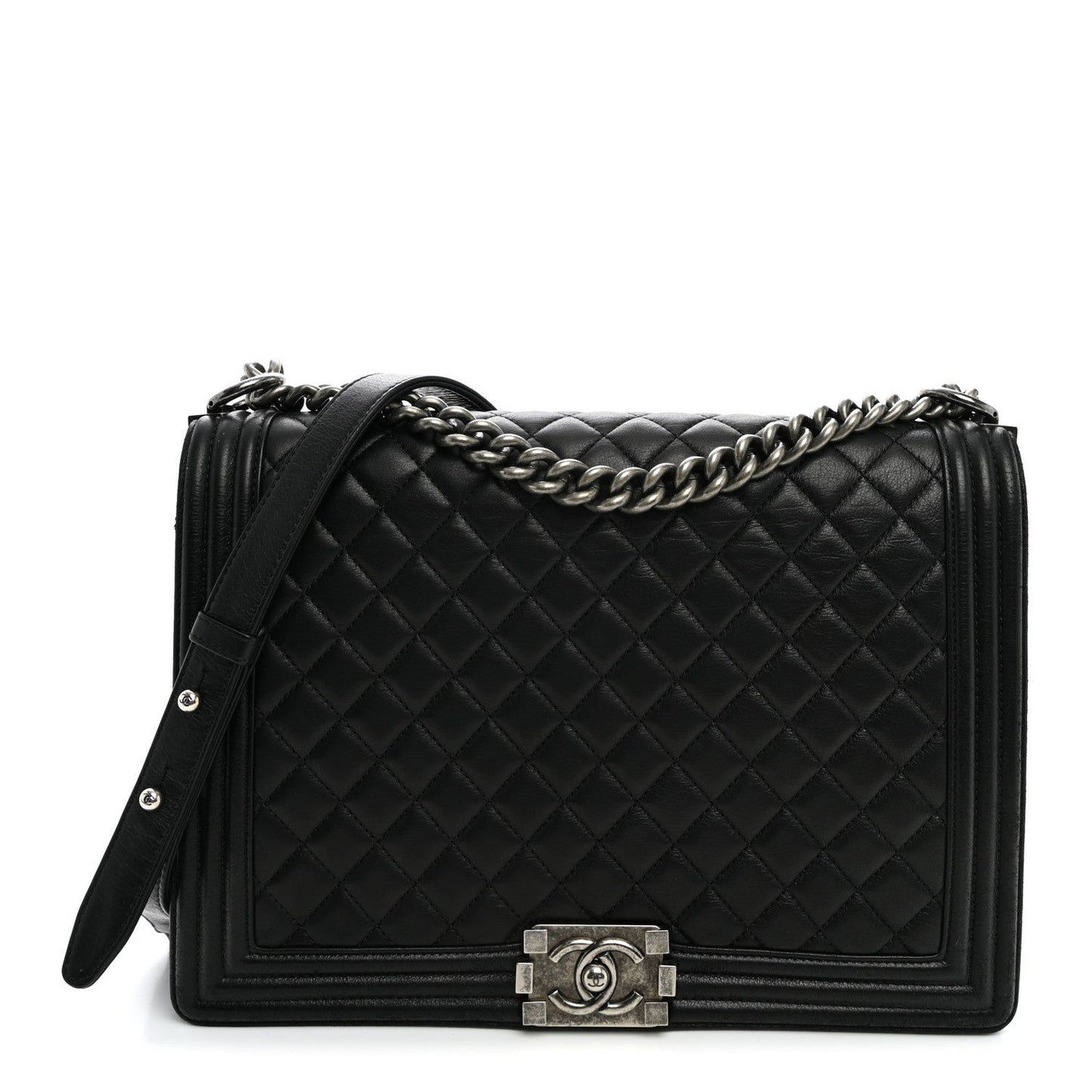 Calfskin Quilted Large Boy Flap Black