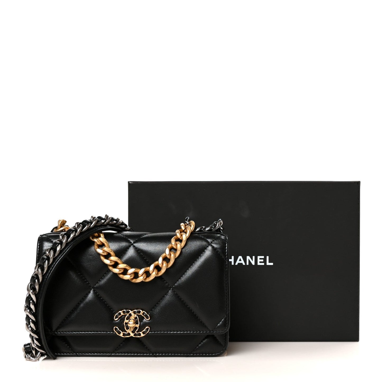 Lambskin Quilted Chanel 19 Wallet On Chain WOC Black