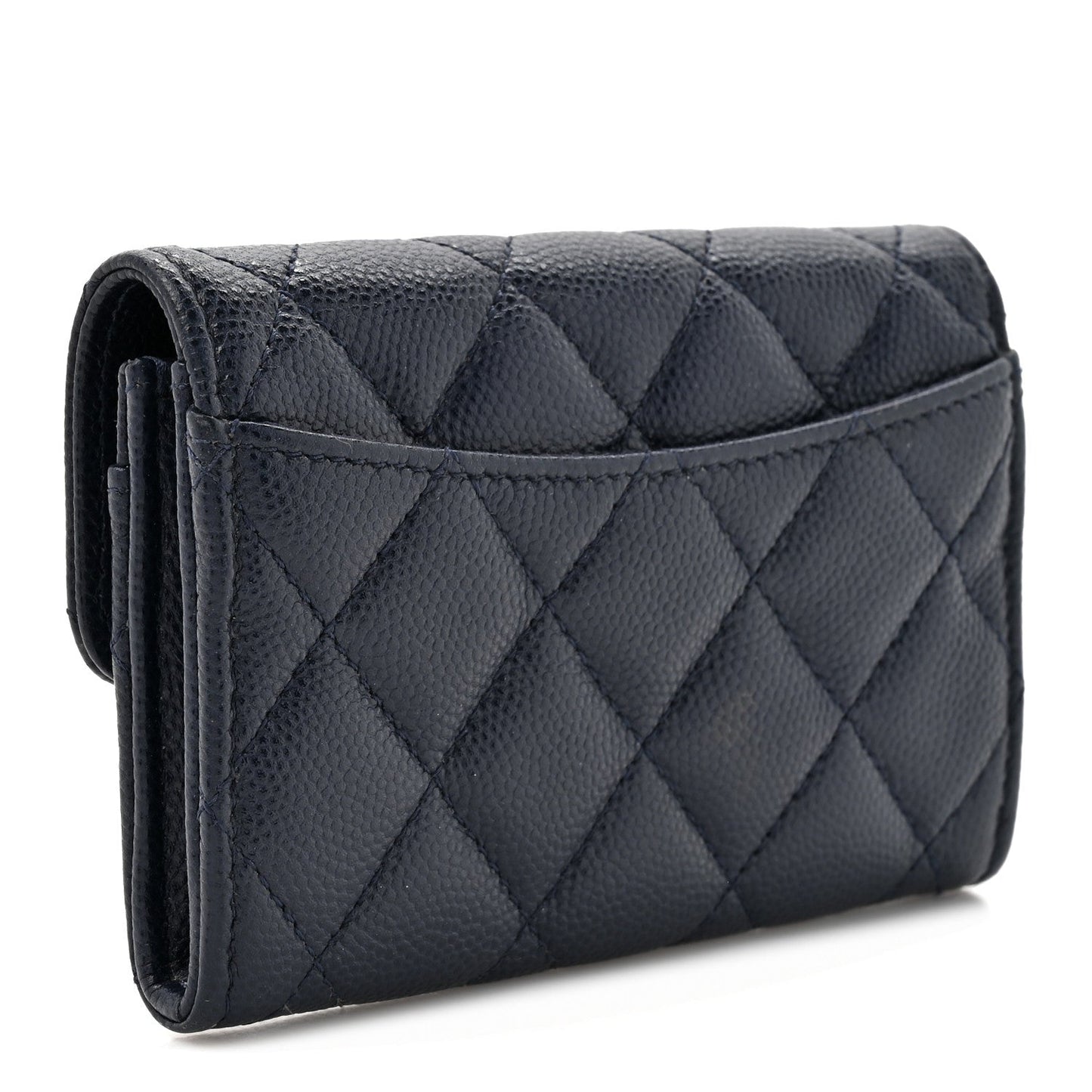 Caviar Quilted Flap Card Holder Wallet Navy Blue