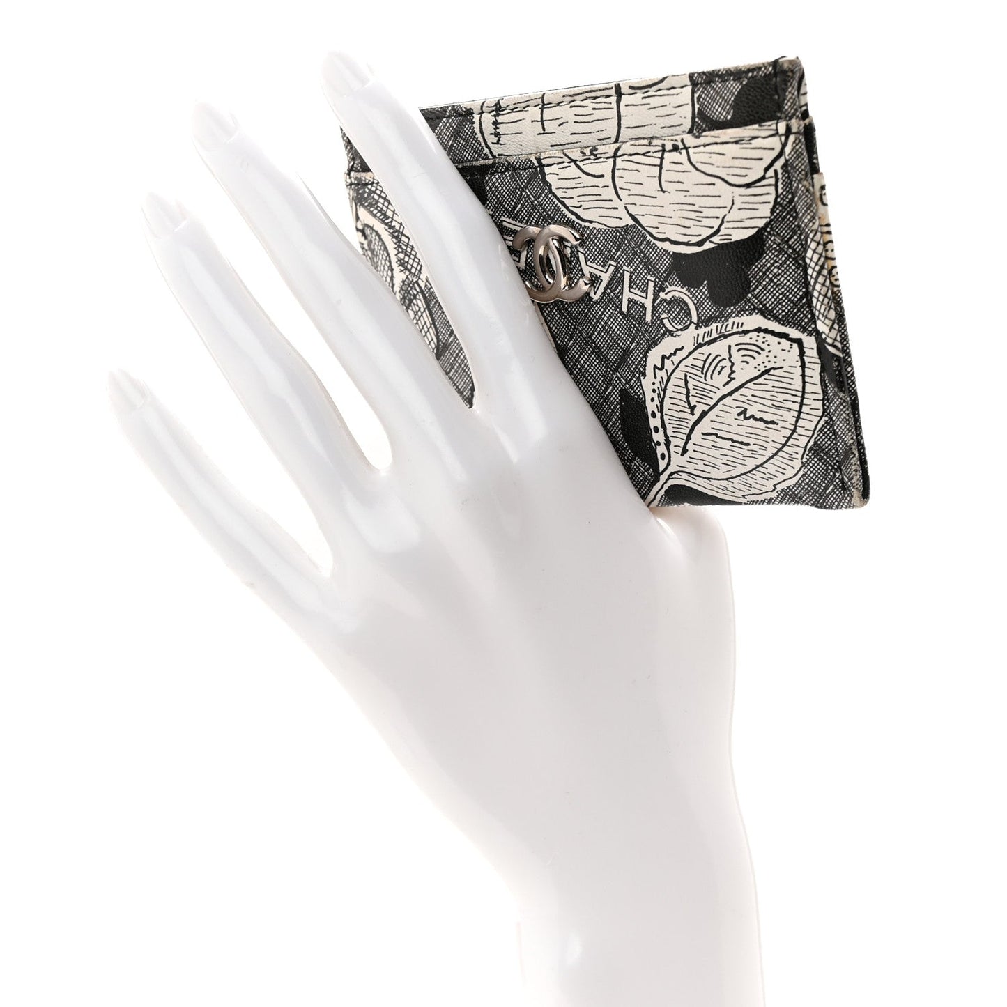 Coated Canvas Lambskin Quilted Camellia Card Holder Black White