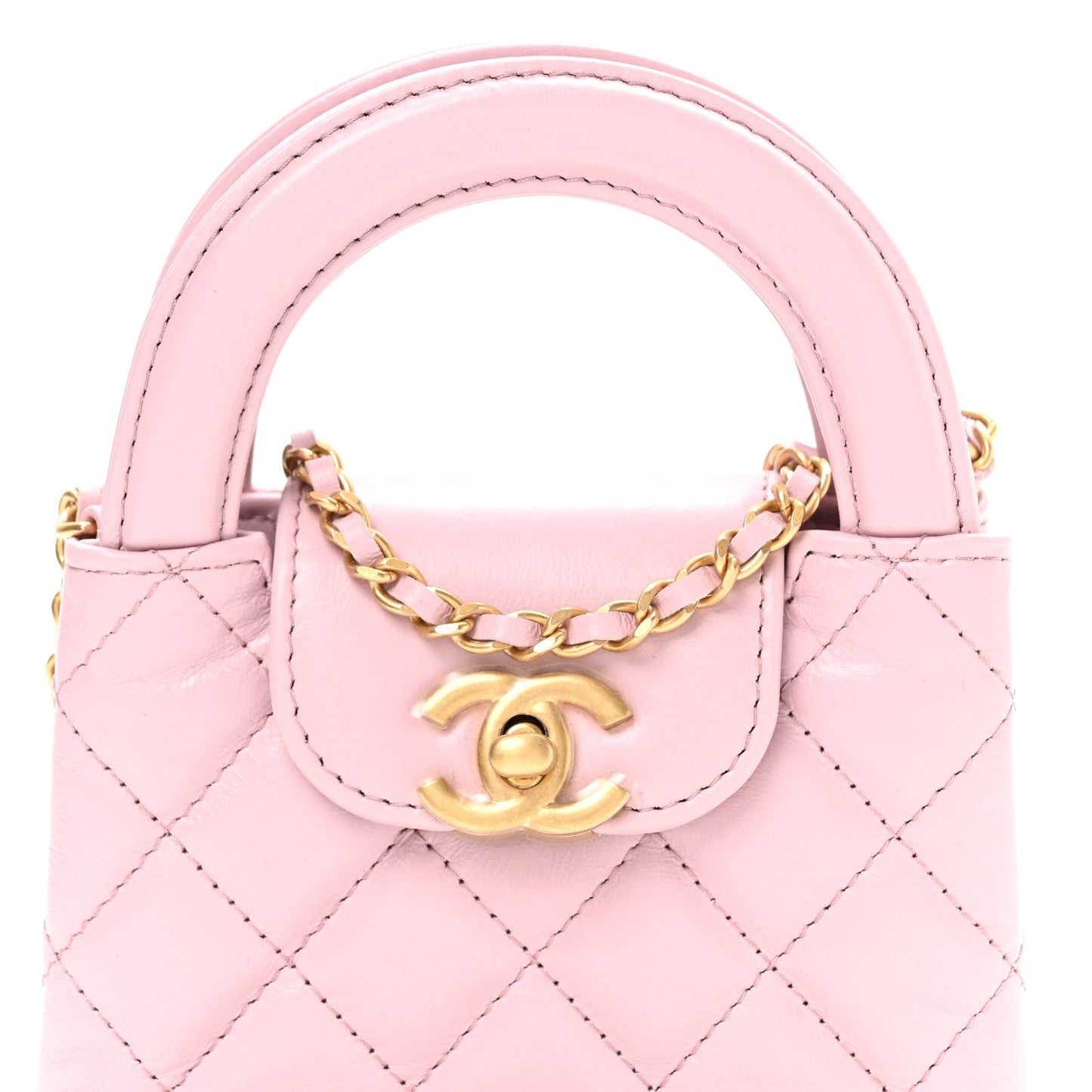 Shiny Aged Calfskin Quilted Mini Nano Kelly Shopper Pink