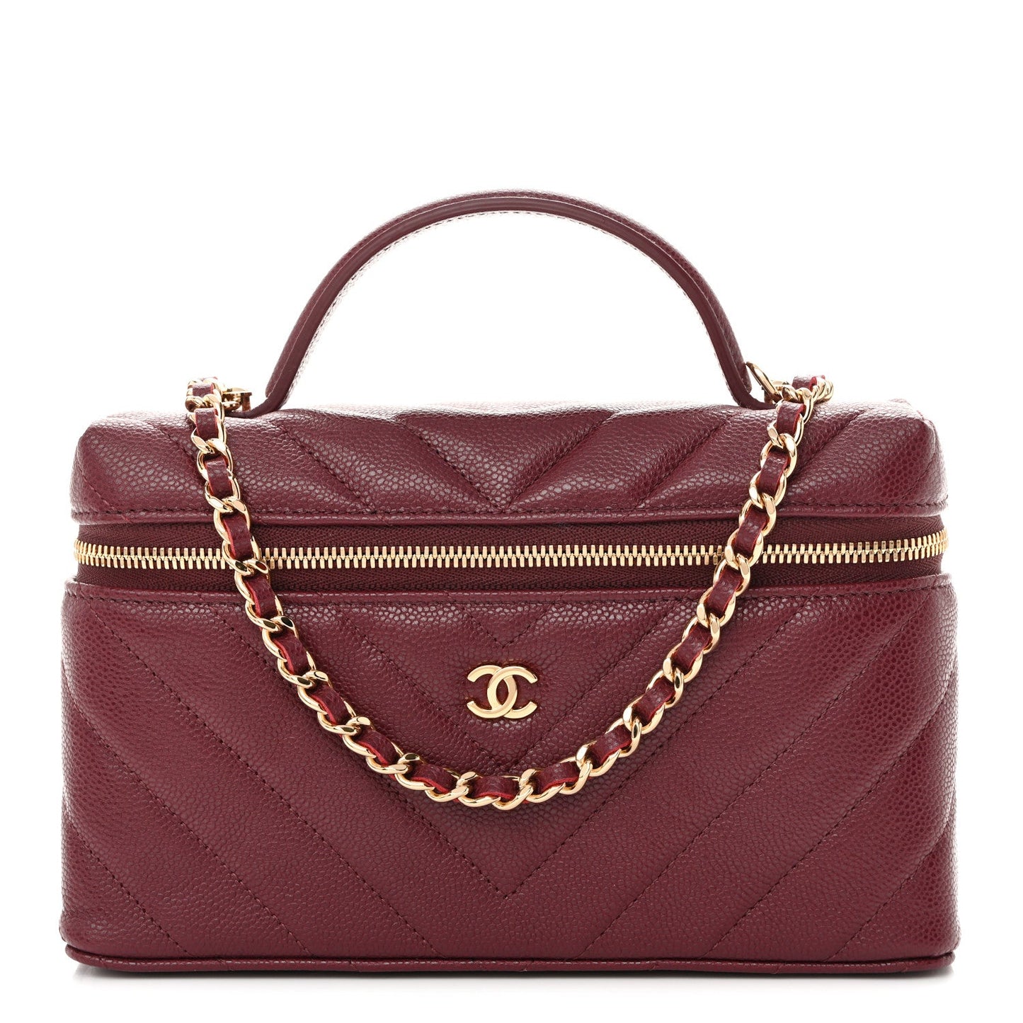 Caviar Chevron Quilted Top Handle Slim Vanity With Chain Burgundy