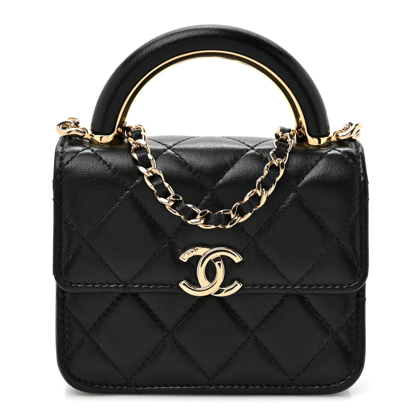 Lambskin Metal Quilted Top Handle Flap Clutch With Chain Black