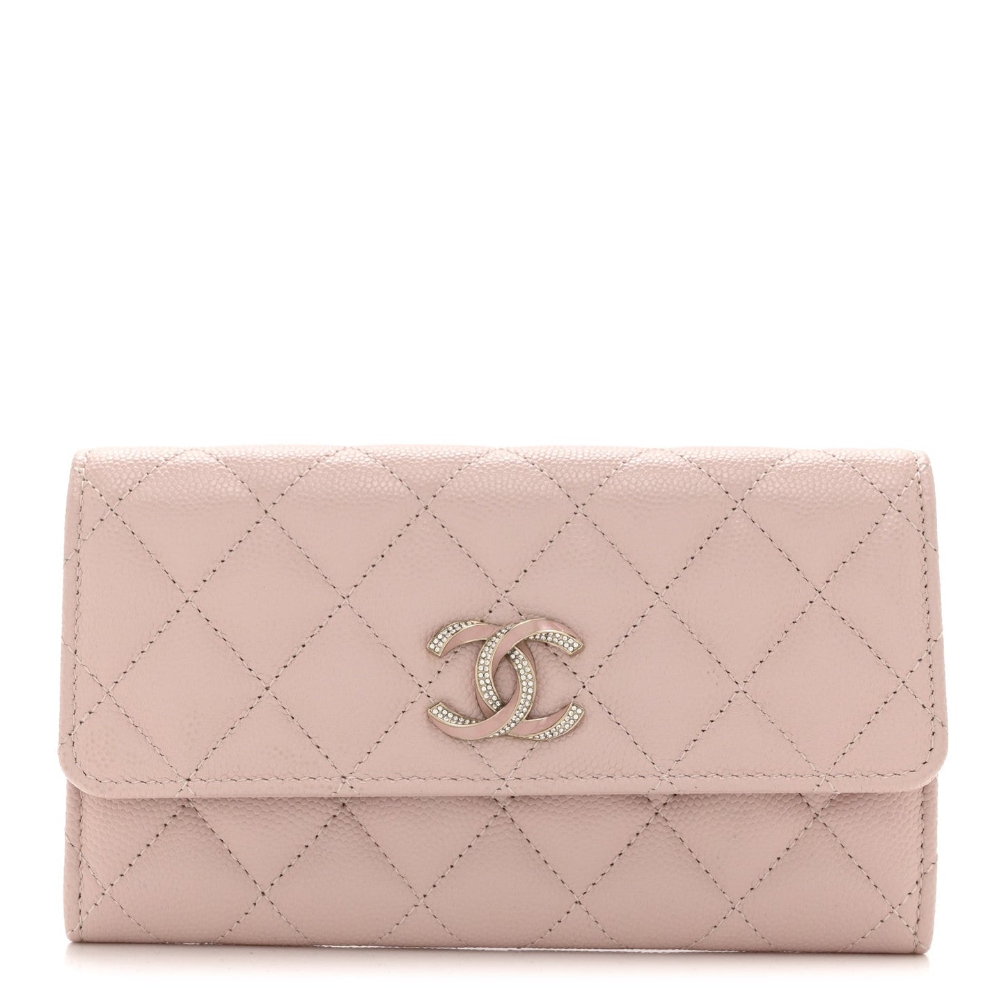 Caviar Quilted Enamel Crystal CC Flap Wallet Light Pink