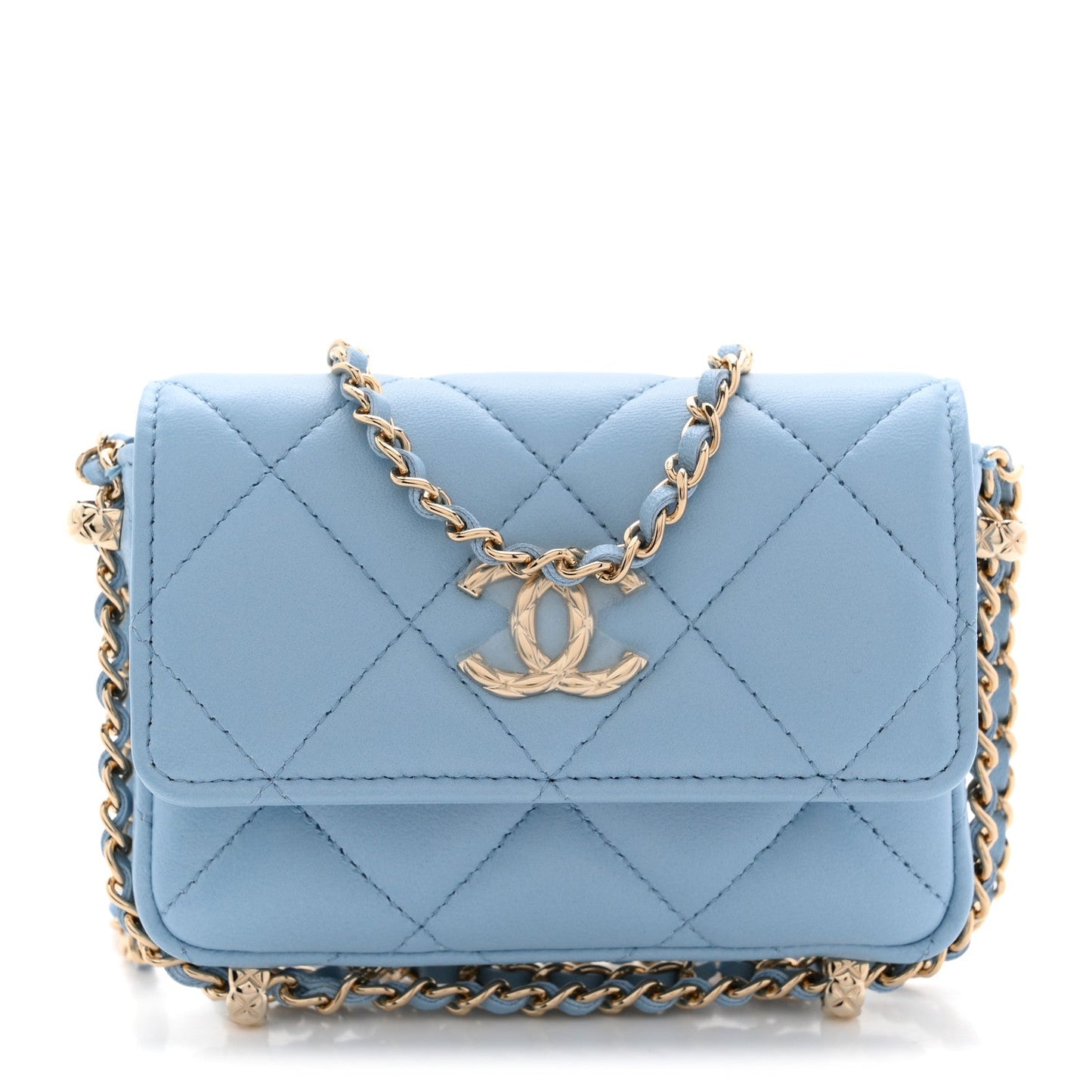 Lambskin Quilted Chain Around Coin Purse With Chain Light Blue