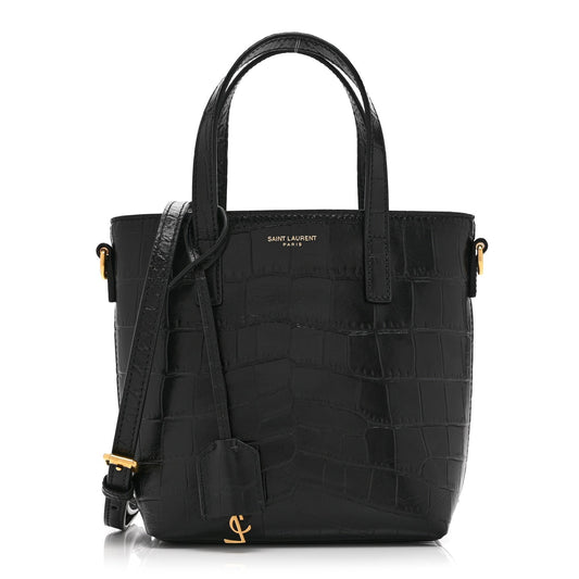 Calfskin Crocodile Embossed Paris Mini Toy Shopper Tote Black