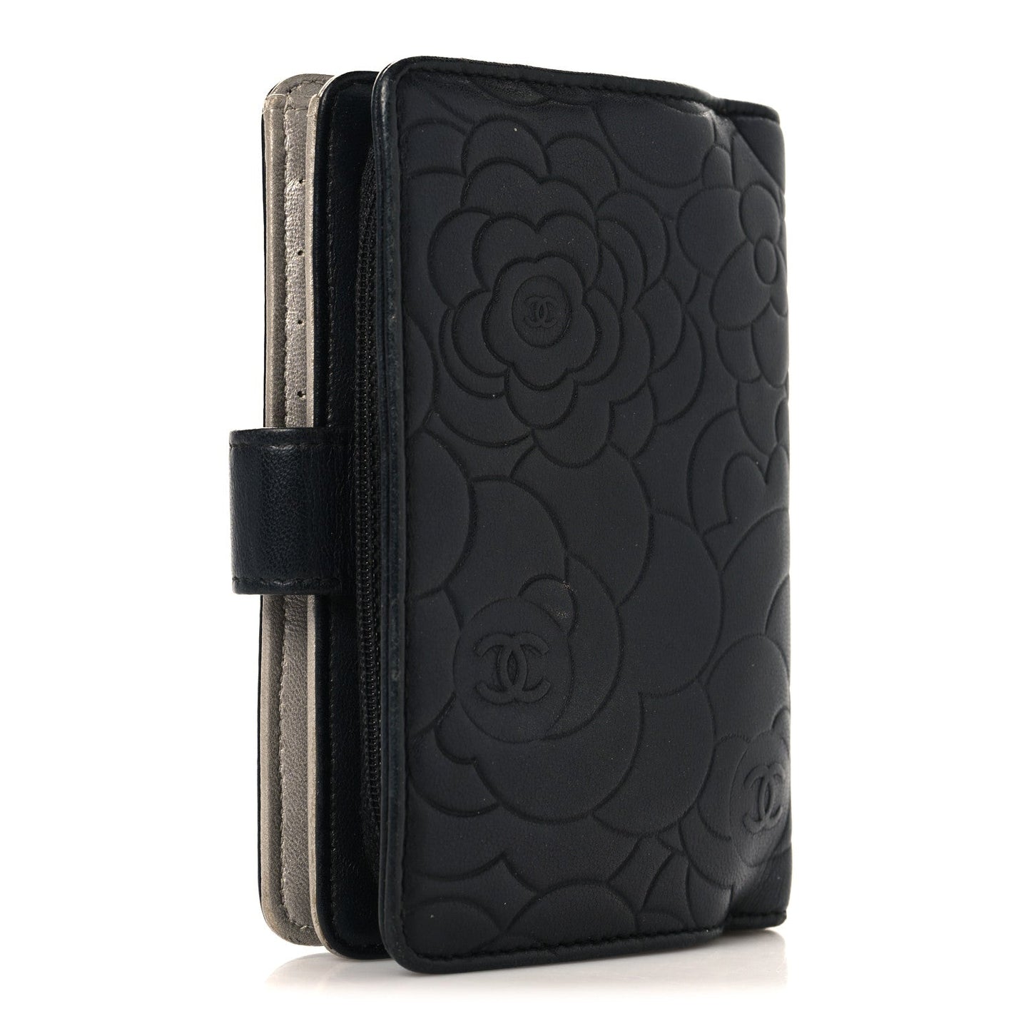 Lambskin Camellia Embossed Zipped Pocket Wallet Black