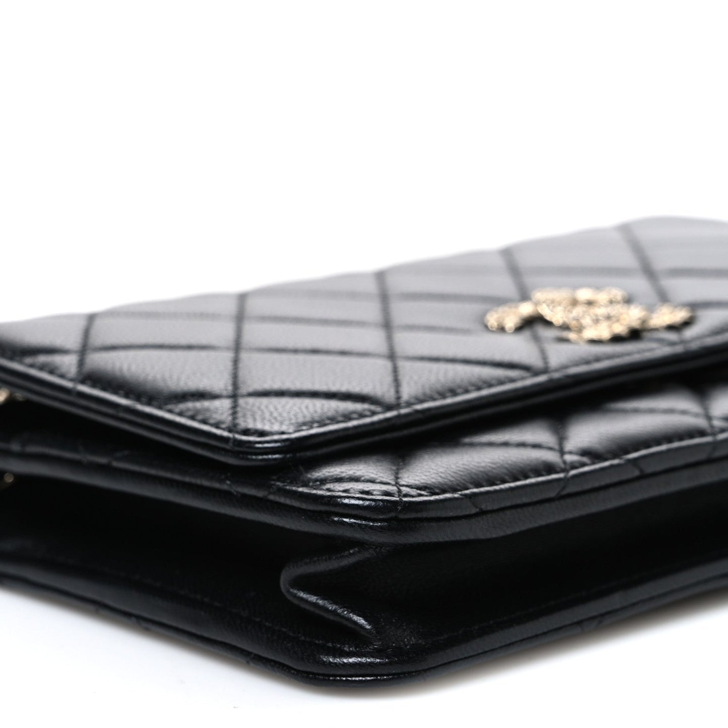 Lambskin Quilted Crystal CC Wallet On Chain WOC Black
