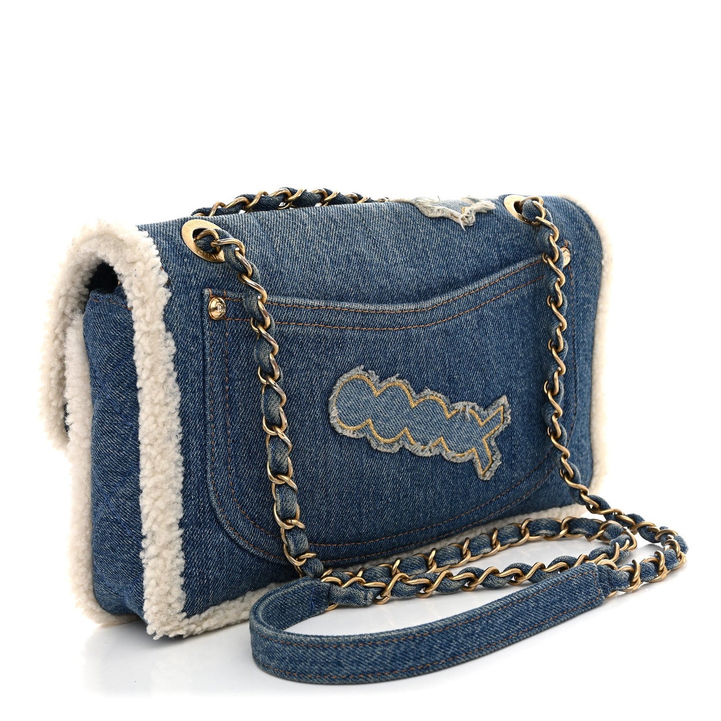 Denim Shearling Hieroglyph Flap Blue