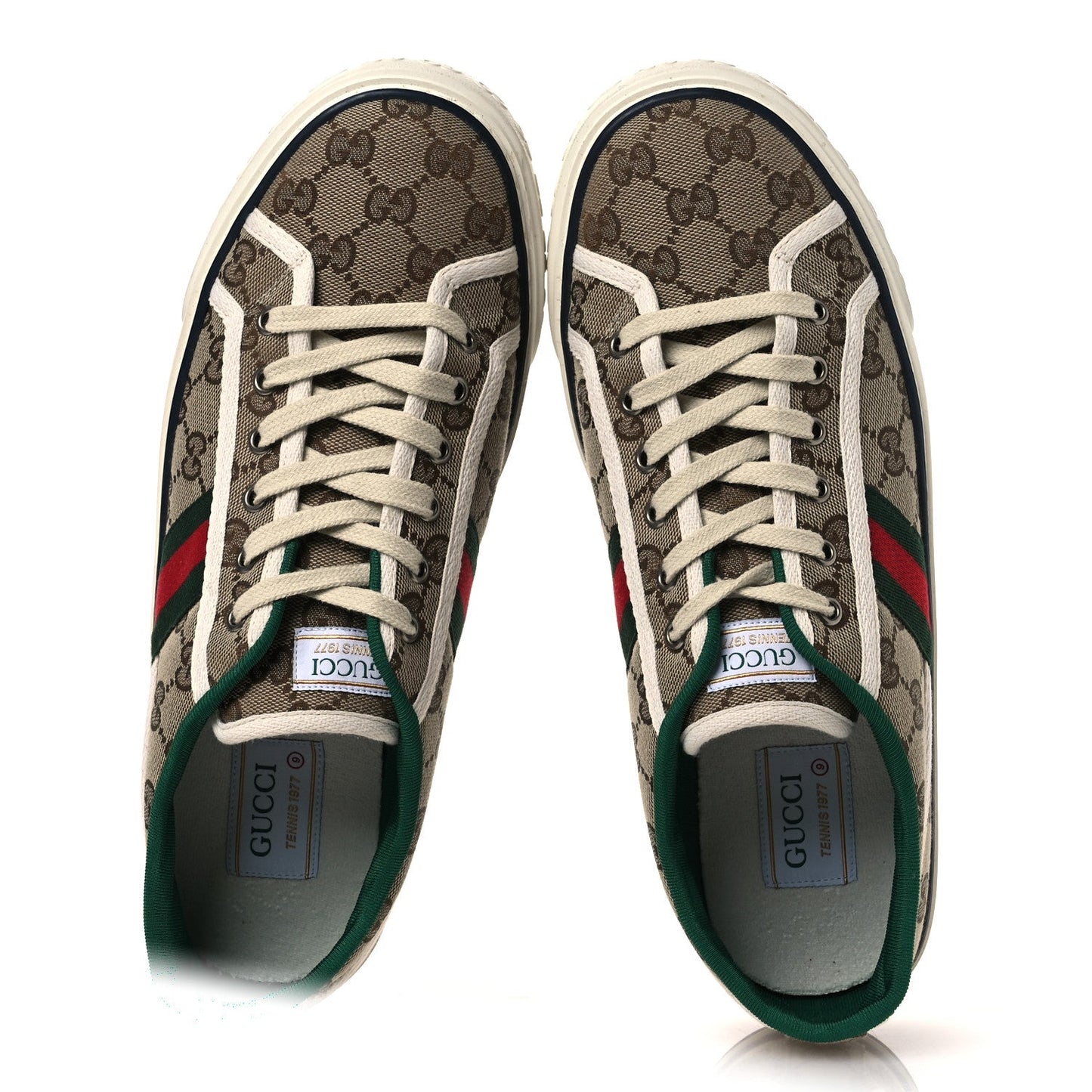 GG Monogram Web Mens 1977 Tennis Sneakers 9 Beige Ebony Mystic White Vert