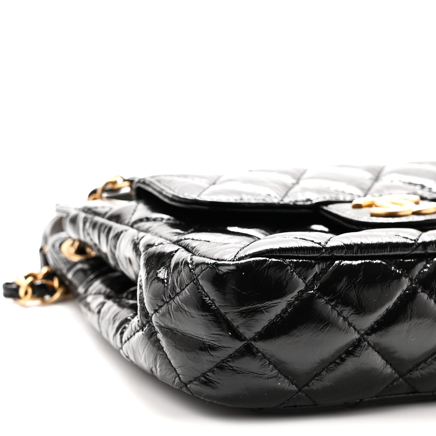 Shiny Crumpled Calfskin Quilted Small Wavy CC Hobo Black