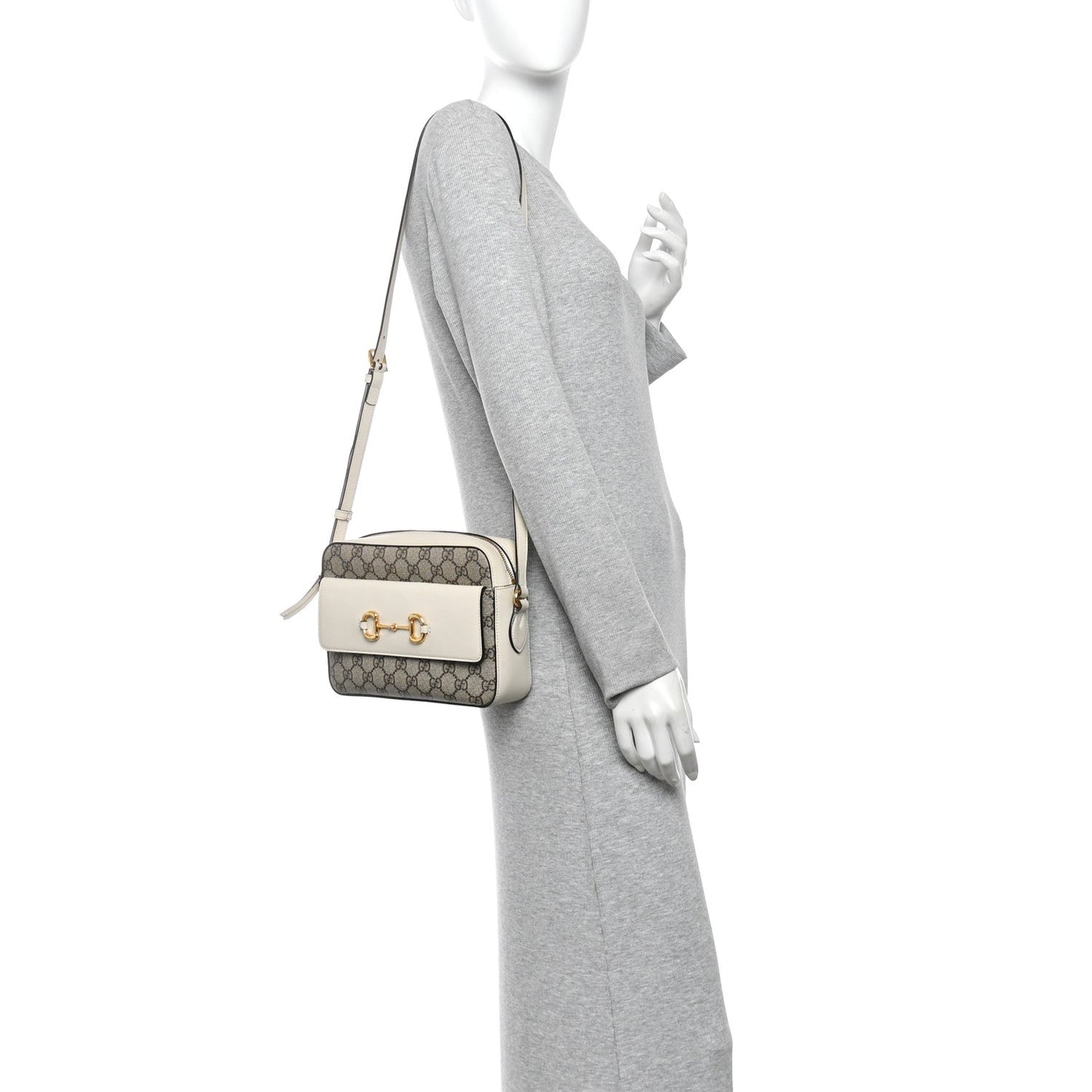 GG Supreme Monogram Small Horsebit 1955 Shoulder Bag Beige Mystic White