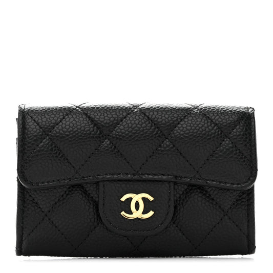 Caviar Quilted Flap Card Holder Wallet Black