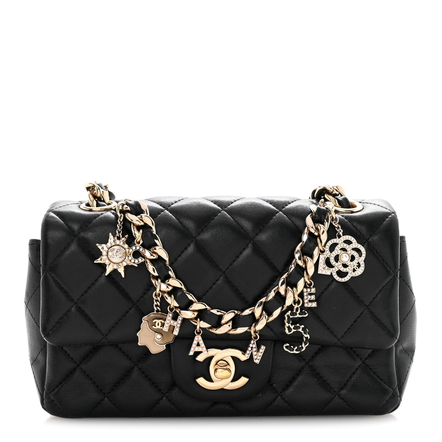 Lambskin Quilted Mini Coco Charms Rectangular Flap Black