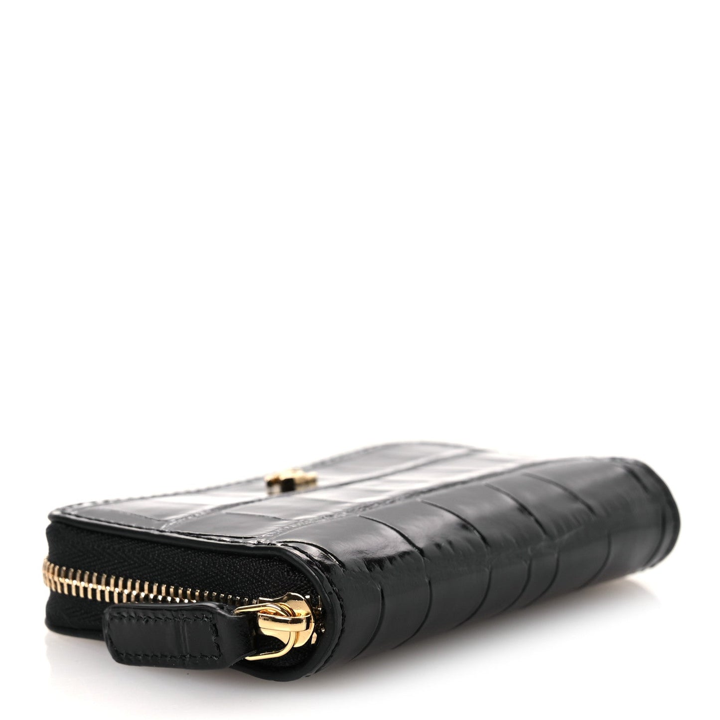 Calfskin Crocodile Embossed Crococo Zip Coin Purse Black